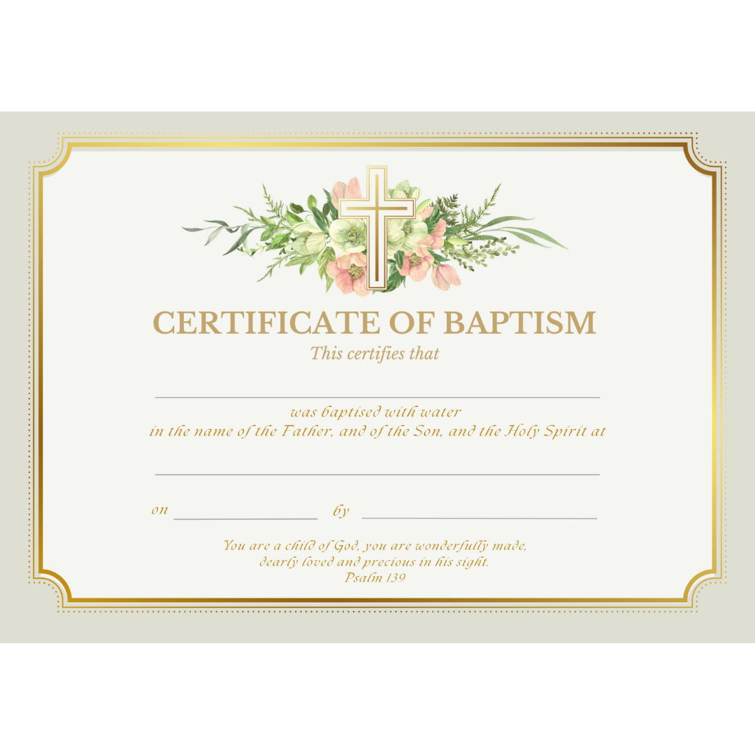 Baptismal Certificate with Gold Cross & Flowers Design