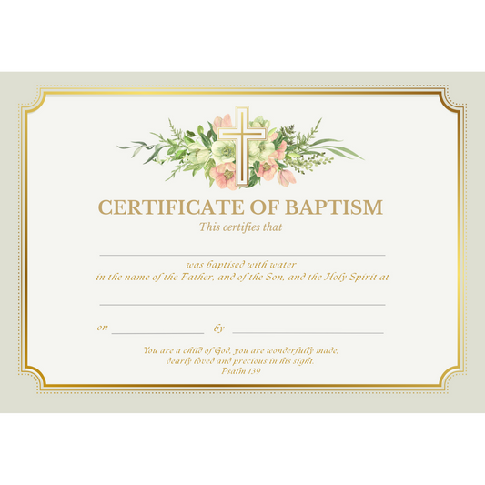 Baptismal Certificate with Gold Cross & Flowers Design