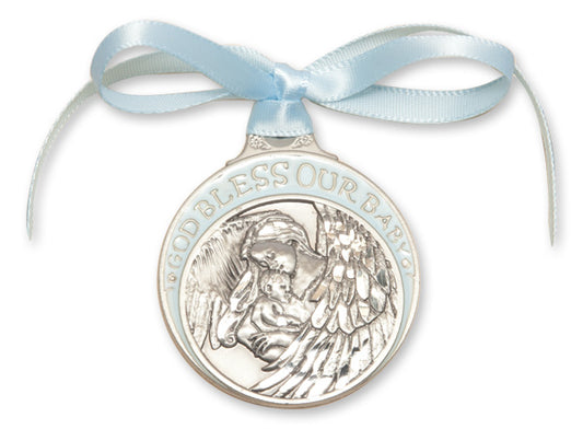 Pewter Baby w/Angel Crib Medal with Blue Ribbon