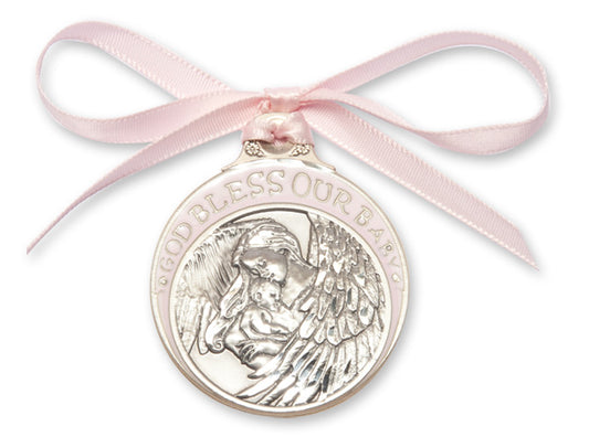 Pewter Baby w/Angel Crib Medal with Pink Ribbon