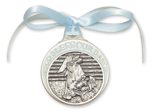 Pewter Baby in Manger Crib Medal with Blue Ribbon