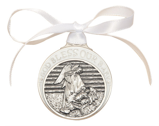 Pewter Baby in Manger Crib Medal with White Ribbon