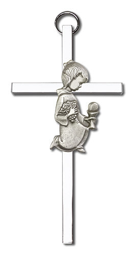 4 inch Antique Silver Communion Girl on a Polished Silver Finish Cross