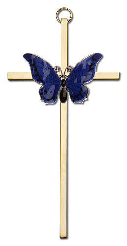 6 inch Polished Silver Finish Blue Epoxy Resurrection on a Polished Brass Cross